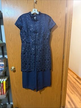 Cache Navy Brocade Wide Leg Jumpsuit